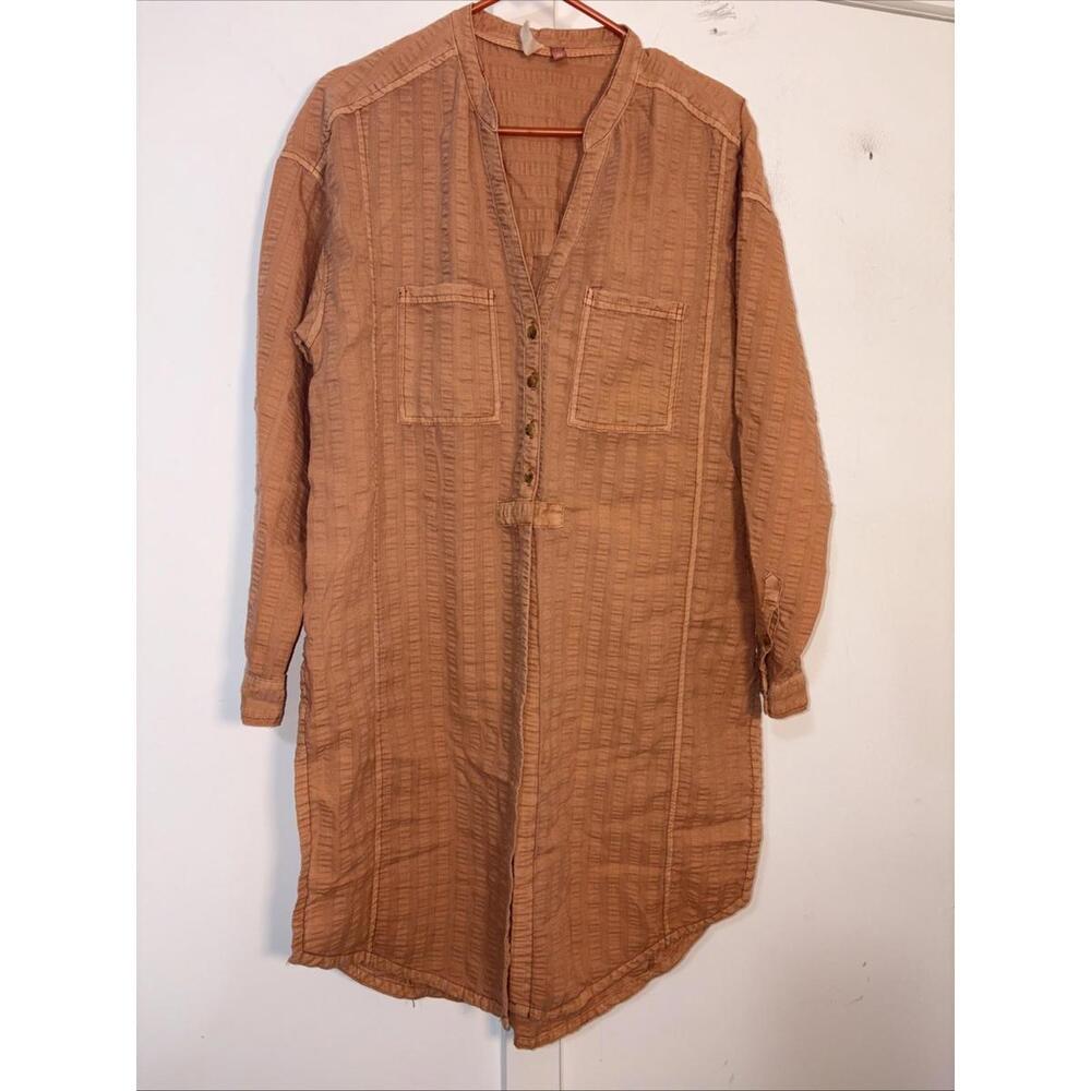 Anthropologie Pilcro Tunic Top Seersucker Button Down Kurti Dark Orange‎ Boho S - Picture 3 of 15